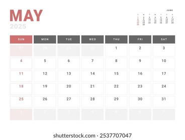 Página mensal Calendar Planner Template de maio de 2025. Layout vetorial do calendário com semana inicia na segunda-feira para Agendamento. Página de tamanho A4 ou 21x29,7 cm