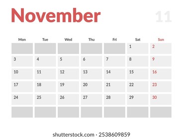 Página mensal Calendar Planner Template de novembro de 2025. Layout vetorial do calendário com semana inicia na segunda-feira para Agendamento. Página de tamanho A4 ou 21x29,7 cm