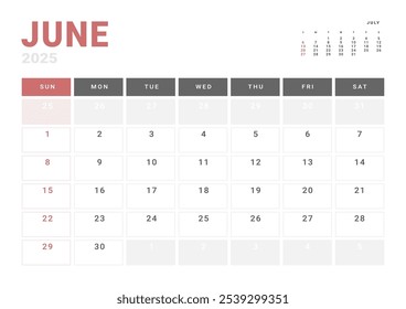 Página mensal Calendar Planner Template de junho de 2025. Layout vetorial do calendário com semana inicia na segunda-feira para Agendamento. Página de tamanho A4 ou 21x29,7 cm