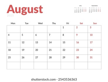 Página mensal Calendar Planner Template de agosto de 2025. Layout vetorial do calendário com semana inicia na segunda-feira para Agendamento. Página de tamanho A4 ou 21x29,7 cm