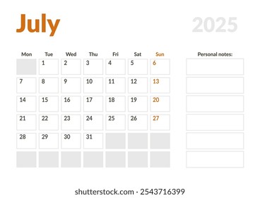 Página mensal Calendar Planner Template de julho de 2025. Layout vetorial do calendário com semana inicia na segunda-feira para Agendamento. Página de tamanho A4 ou 21x29,7 cm