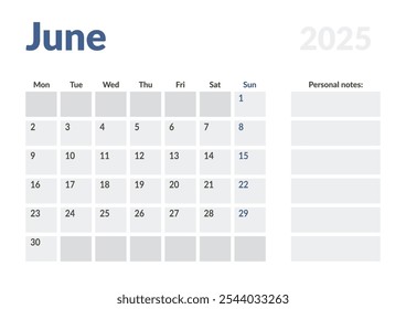 Página mensal Calendar Planner Template de junho de 2025. Layout vetorial do calendário com semana inicia na segunda-feira para Agendamento. Página de tamanho A4 ou 21x29,7 cm