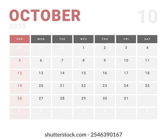 Plantilla mensual del Calendario Planificador de octubre de 2025. Diseño de Vector del calendario con inicio de semana Lunes para la programación. Página para tamaño A4 o 21x29.7 cm