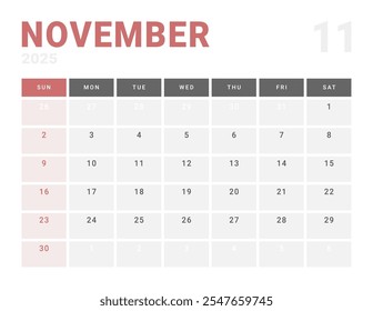 Plantilla del Calendario Planificador de noviembre de 2025. Diseño de Vector del calendario con inicio de semana Lunes para la programación. Página para tamaño A4 o 21x29.7 cm