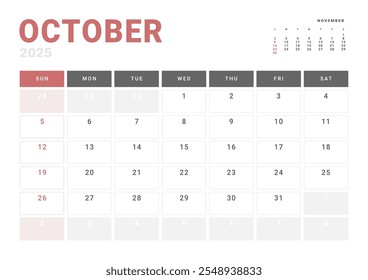 Plantilla mensual del Calendario Planificador de octubre de 2025. Diseño de Vector del calendario con inicio de semana Lunes para la programación. Página para tamaño A4 o 21x29.7 cm