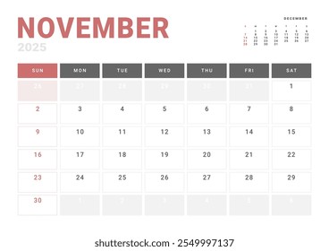 Plantilla del Calendario Planificador de noviembre de 2025. Diseño de Vector del calendario con inicio de semana Lunes para la programación. Página para tamaño A4 o 21x29.7 cm