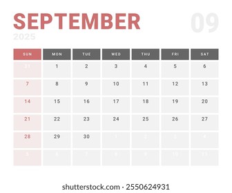 Plantilla del Calendario Planificador de septiembre de 2025. Diseño de Vector del calendario con inicio de semana Lunes para la programación. Página para tamaño A4 o 21x29.7 cm