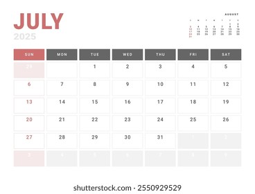 Página mensal Calendar Planner Template de julho de 2025. Layout vetorial do calendário com semana inicia na segunda-feira para Agendamento. Página de tamanho A4 ou 21x29,7 cm