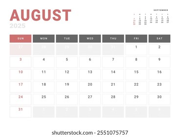 Plantilla del Calendario Planificador de agosto de 2025. Diseño de Vector del calendario con inicio de semana Lunes para la programación. Página para tamaño A4 o 21x29.7 cm