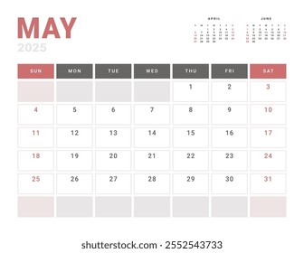 Página mensal Calendar Planner Template de maio de 2025. Layout vetorial do calendário com semana inicia na segunda-feira para Agendamento. Página de tamanho A4 ou 21x29,7 cm