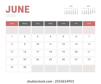 Monthly page Calendar Planner Template of June 2025. Vector layout of calendar with week start Monday for Scheduling. Page for size A4 or 21x29.7 cm