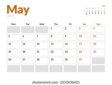 Monthly page Calendar Planner Template of May 2025 with a small preview on next moth. Vector layout of calendar with week start Monday for Scheduling. Page for size A4 or 21x29.7 cm