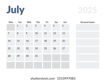 Monthly page Calendar Planner Template of July 2025. Vector layout of calendar with week start Monday for Scheduling. Page for size A4 or 21x29.7 cm