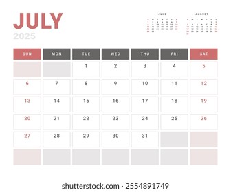 Monthly page Calendar Planner Template of July 2025. Vector layout of calendar with week start Monday for Scheduling. Page for size A4 or 21x29.7 cm