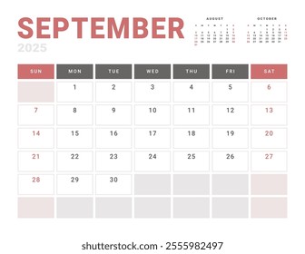 Monthly page Calendar Planner Template of September 2025. Vector layout of calendar with week start Monday for Scheduling. Page for size A4 or 21x29.7 cm