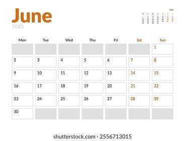 Monthly page Calendar Planner Template of June 2025 with a small preview on next moth. Vector layout of calendar with week start Monday for Scheduling. Page for size A4 or 21x29.7 cm