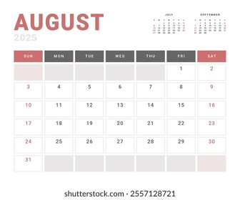 Monthly page Calendar Planner Template of August 2025. Vector layout of calendar with week start Monday for Scheduling. Page for size A4 or 21x29.7 cm