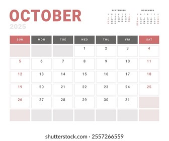 Monthly page Calendar Planner Template of October 2025. Vector layout of calendar with week start Monday for Scheduling. Page for size A4 or 21x29.7 cm