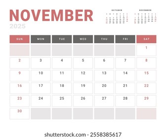 Monthly page Calendar Planner Template of November 2025. Vector layout of calendar with week start Monday for Scheduling. Page for size A4 or 21x29.7 cm