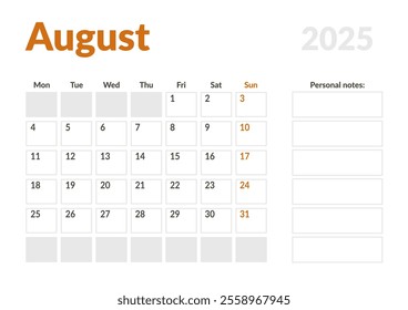 Monthly page Calendar Planner Template of August 2025. Vector layout of calendar with week start Monday for Scheduling. Page for size A4 or 21x29.7 cm