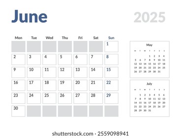 Monthly page Calendar Planner Template of June 2025. Vector layout of calendar with week start Monday for Scheduling. Page for size A4 or 21x29.7 cm