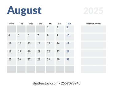 Monthly page Calendar Planner Template of August 2025. Vector layout of calendar with week start Monday for Scheduling. Page for size A4 or 21x29.7 cm