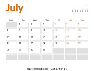 Monthly page Calendar Planner Template of July 2025 with a small preview on next moth. Vector layout of calendar with week start Monday for Scheduling. Page for size A4 or 21x29.7 cm