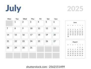 Monthly page Calendar Planner Template of July 2025. Vector layout of calendar with week start Monday for Scheduling. Page for size A4 or 21x29.7 cm