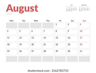 Monthly page Calendar Planner Template of August 2025. Vector layout of calendar with week start Monday for Scheduling. Page for size A4 or 21x29.7 cm