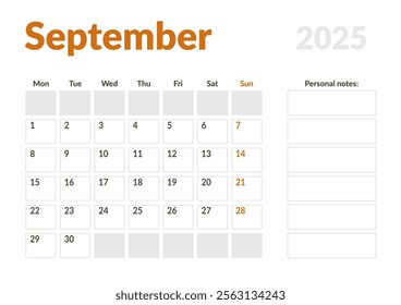 Monthly page Calendar Planner Template of September 2025. Vector layout of calendar with week start Monday for Scheduling. Page for size A4 or 21x29.7 cm