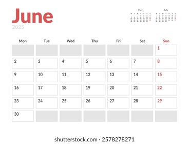 Monthly page Calendar Planner Template of June 2025. Vector layout of calendar with week start Monday for Scheduling. Page for size A4 or 21x29.7 cm