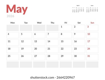 Página mensal Calendar Planner Template design de maio de 2026. Layout vetorial do calendário com semana inicia na segunda-feira para Agendamento. Página de tamanho A4 ou 21x29,7 cm