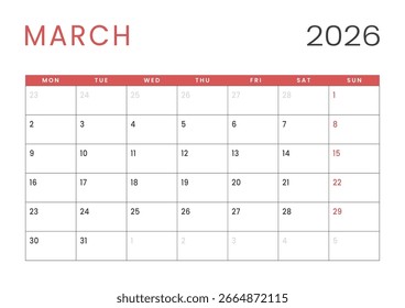 Página mensal Calendar Planner Template design de março de 2026. Layout vetorial do calendário com semana inicia na segunda-feira para Agendamento. Página de tamanho A4 ou 21x29,7 cm