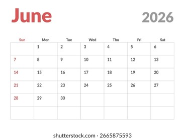 Diseño de la Plantilla del Calendario Planificador de la página mensual de junio de 2026. Diseño de Vector de calendario con inicio de semana domingo para programación. Página para tamaño A4 o 21x29.7 cm