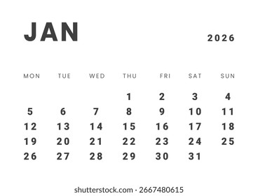 Monthly page Calendar Planner Template design of January 2026. Vector layout of calendar with week start Monday for Scheduling. Page for size A4 or 21x29.7 cm