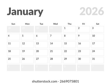 Diseño de la Plantilla del Calendario Planificador de la página mensual de enero de 2026. Diseño de Vector de calendario con inicio de semana domingo para programación. Página para tamaño A4 o 21x29.7 cm