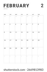 Monthly page Calendar Planner Template design of February 2026. Vector layout of calendar with week start Monday for Scheduling. Page for size A4 or 21x29.7 cm