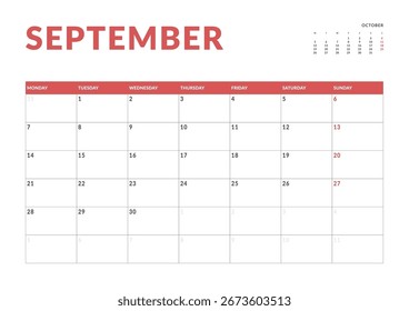 Diseño de la Plantilla del Calendario Planificador de la página mensual de septiembre de 2026. Diseño de Vector del calendario con inicio de semana Lunes para la programación. Página para tamaño A4 o 21x29.7 cm