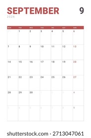 Monatsseite Kalender-Planer Template design von September 2026. Vektorlayout des Kalenders mit Wochenstart Montag für die Planung. Seite für Größe A4 oder 21x29,7 cm
