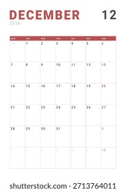 Monthly page Calendar Planner Template design of December 2026. Vector layout of calendar with week start Monday for Scheduling. Page for size A4 or 21x29.7 cm