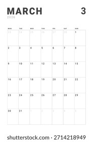 Monatsseite Kalenderplaner Template design von März 2026. Vektorlayout des Kalenders mit Wochenstart Montag für die Planung. Seite für Größe A4 oder 21x29,7 cm