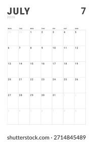 Monthly page Calendar Planner Template design of July 2026. Vector layout of calendar with week start Monday for Scheduling. Page for size A4 or 21x29.7 cm