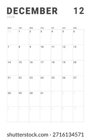 Página mensal Calendar Planner Template design de dezembro de 2026. Layout vetorial do calendário com semana inicia na segunda-feira para Agendamento. Página de tamanho A4 ou 21x29,7 cm