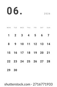 Monthly page Calendar Planner Template design of June 2026. Vector layout of calendar with week start Monday for Scheduling. Page for size A4 or 21x29.7 cm