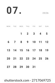 Monatsseite Kalenderplaner Vorlagendesign Juli 2026. Vektorlayout des Kalenders mit Wochenstart Montag für die Planung. Seite für Größe A4 oder 21x29,7 cm
