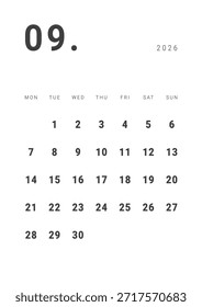 Monatsseite Kalender-Planer Template design von September 2026. Vektorlayout des Kalenders mit Wochenstart Montag für die Planung. Seite für Größe A4 oder 21x29,7 cm