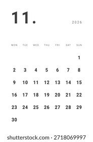 Monatsseite Kalender-Planer Template design von November 2026. Vektorlayout des Kalenders mit Wochenstart Montag für die Planung. Seite für Größe A4 oder 21x29,7 cm