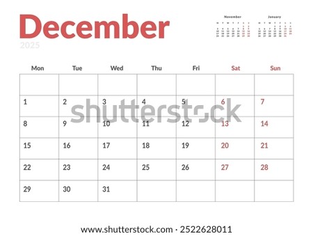Monthly page Calendar Planner Template of December 2025. Vector layout of calendar with week start Monday for Scheduling. Page for size A4 or 21x29.7 cm