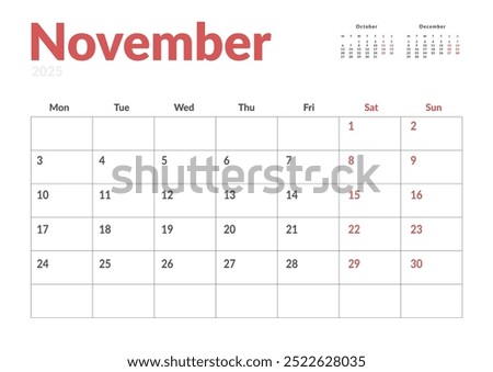 Monthly page Calendar Planner Template of November 2025. Vector layout of calendar with week start Monday for Scheduling. Page for size A4 or 21x29.7 cm