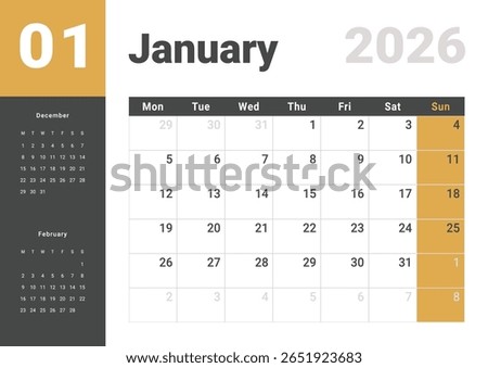 Monthly page Calendar Planner Template design of January 2026. Vector layout of calendar with week start Monday for Scheduling. Page for size A4 or 21x29.7 cm